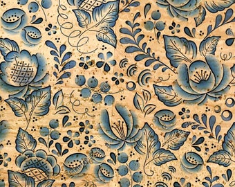 Blue Floral Cork Fabric, Ecological Leather Sewing Material