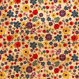 Floral cork fabric, small flowers, colorful flower pattern cork leather, for crafts and sewing