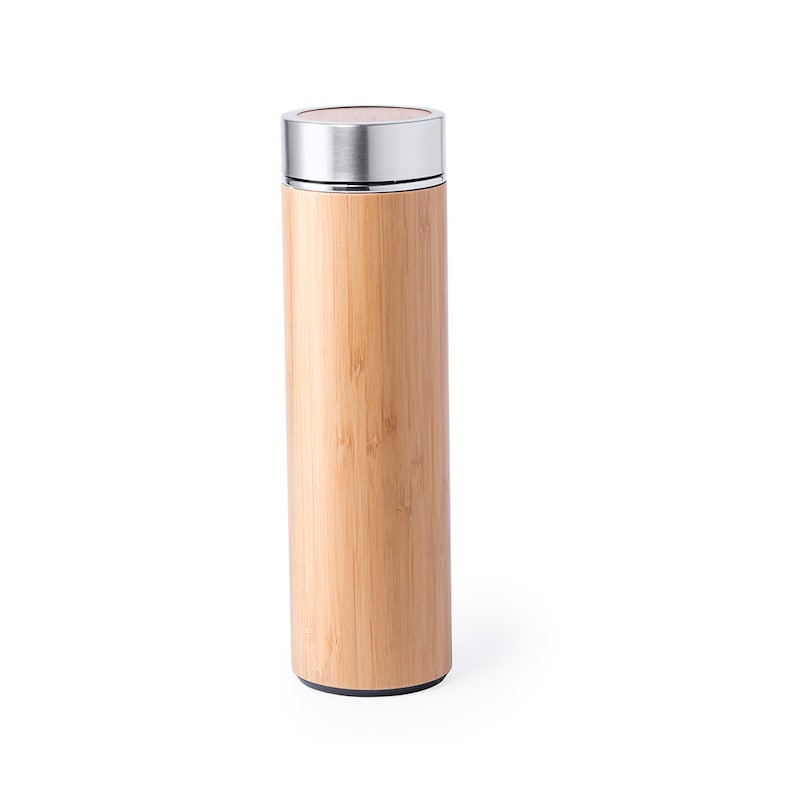 May include: A bamboo and stainless steel insulated water bottle with a silver lid.