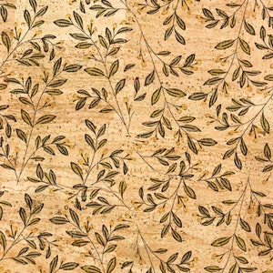 May include: A repeating pattern of olive green leaves and small yellow berries on thin stems. The stems and leaves are outlined in black. The background is a light brown, textured surface, resembling cork.