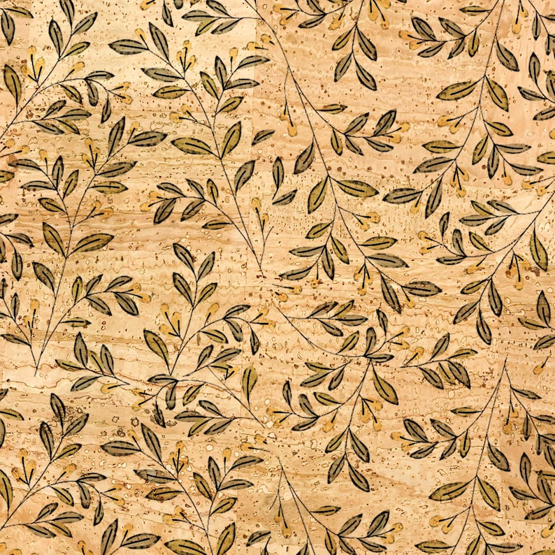 May include: A repeating pattern of olive green leaves and small yellow berries on thin stems. The stems and leaves are outlined in black. The background is a light brown, textured surface, resembling cork.
