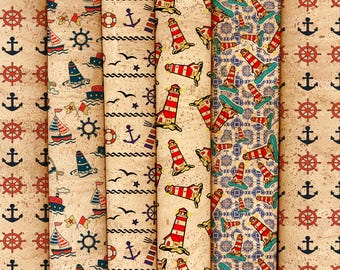 Nautical & Beachy Cork Fabric, Printed Cork Skin, Sustainable Material