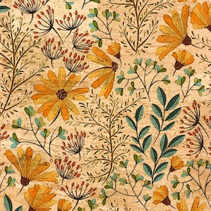 May include: A repeating pattern of stylized flowers and foliage in shades of yellow, orange, and teal on a textured, light brown background. The design features various floral and botanical elements.
