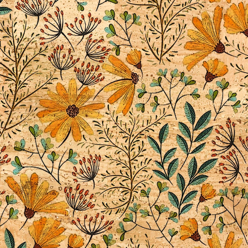 May include: A repeating pattern of stylized flowers and foliage in shades of yellow, orange, and teal on a textured, light brown background. The design features various floral and botanical elements.