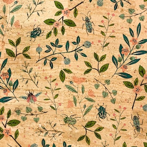 May include: A repeating pattern featuring a light brown cork background with illustrations of green leaves, pink flowers, and teal beetles. The design has a hand-drawn aesthetic, with a natural and organic feel. The floral and insect elements are evenly distributed across the surface.