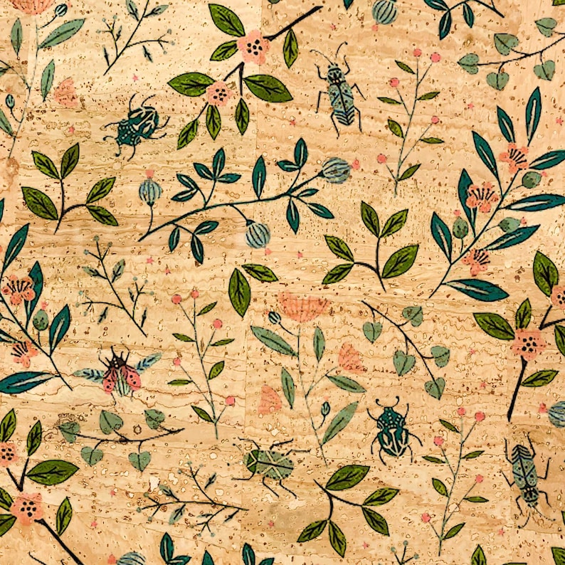 May include: A repeating pattern featuring a light brown cork background with illustrations of green leaves, pink flowers, and teal beetles. The design has a hand-drawn aesthetic, with a natural and organic feel. The floral and insect elements are evenly distributed across the surface.