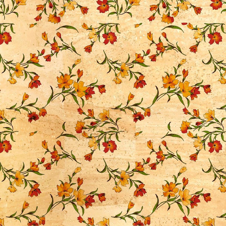 May include: A seamless pattern featuring small orange and red flowers with green stems and leaves on a beige background.