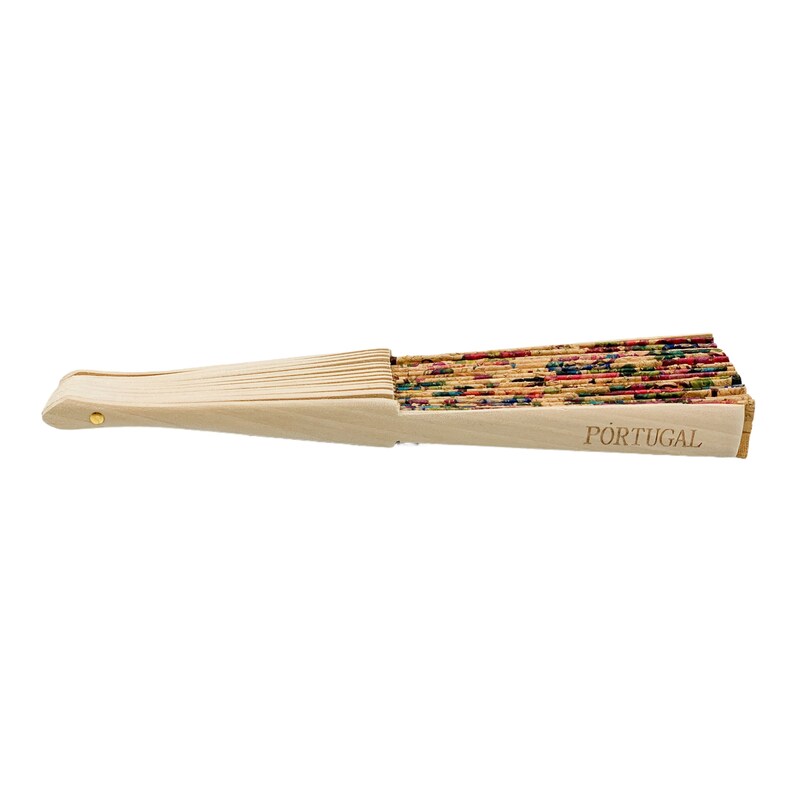May include: A closed, wooden hand fan with a colorful floral pattern and the word "PORTUGAL" inscribed on the handle.