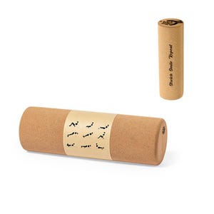 May include: A brown cork yoga roller with black illustrations of yoga poses and the text "Stretch Smile Repeat" on the side.
