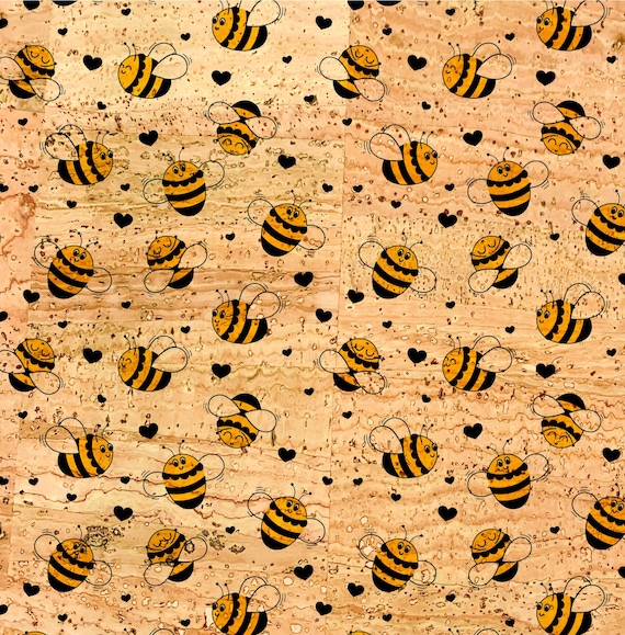 Bee Print Cork Fabric Sheet, Vegan Leather Sewing Material