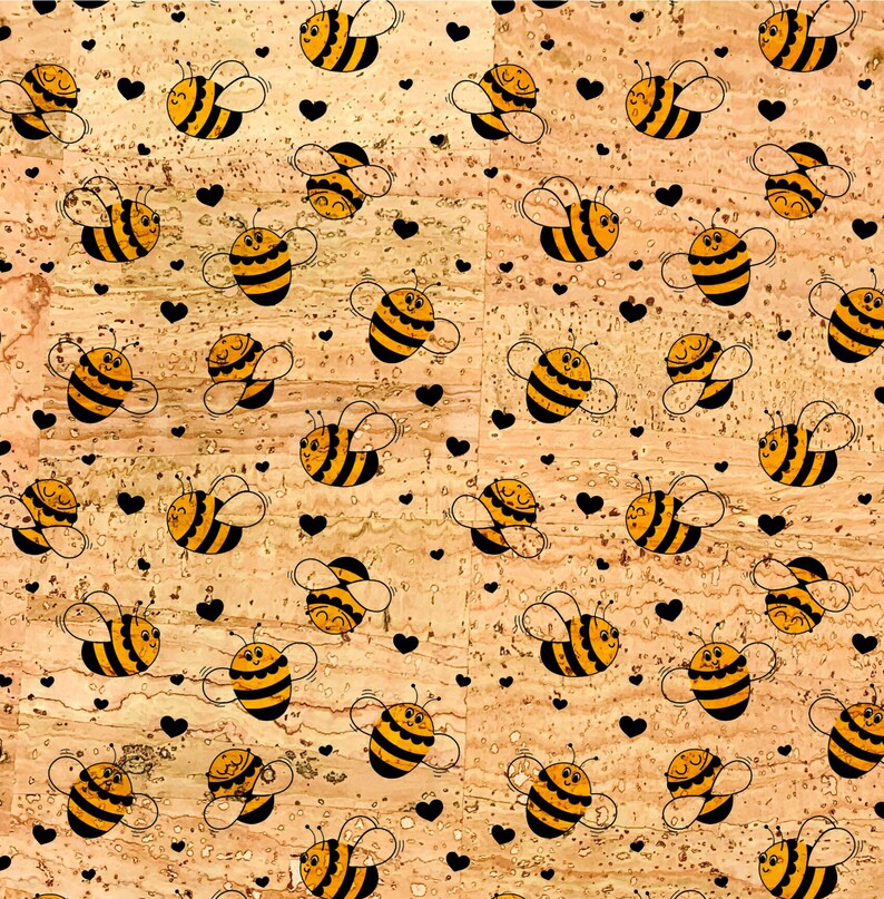 May include: A corkboard background with a repeating pattern of yellow and black cartoon bees with hearts. The bees are all facing different directions and have different expressions.