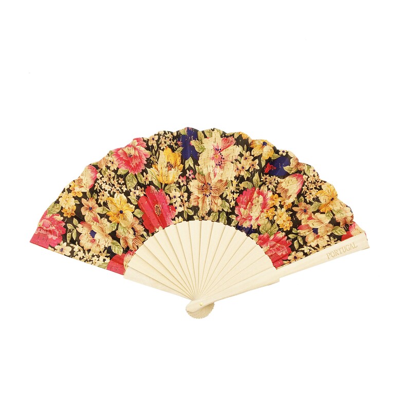 May include: A floral hand fan with a wooden frame. The fan is decorated with a colorful floral pattern on a black background. The fan has the word "PORTUGAL" printed on the handle.
