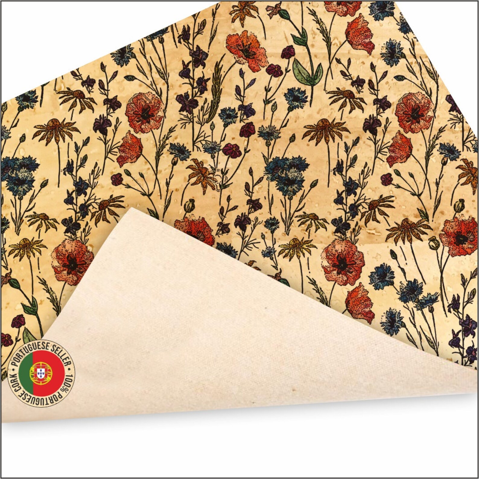Cork Fabric, Red and Blue Flowers, Floral Cork Fabric, Ecological Cork
