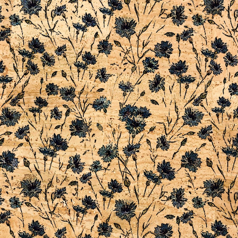 May include: A seamless pattern featuring a cork background with a delicate floral design. The flowers are a deep blue, with thin stems and leaves. The overall effect is a natural, textured pattern suitable for various craft projects.