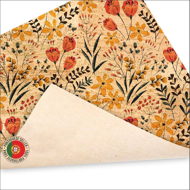 May include: A sheet of cork wrapping paper with a floral pattern. The paper features red, orange, and yellow flowers with green leaves on a brown background. The paper is folded in half, revealing a plain brown underside.