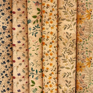 Sughero stampato, sughero floreale, pelle di sughero, tessuto ecologico, tessuto sostenibile, tessuto organico, sughero autentico