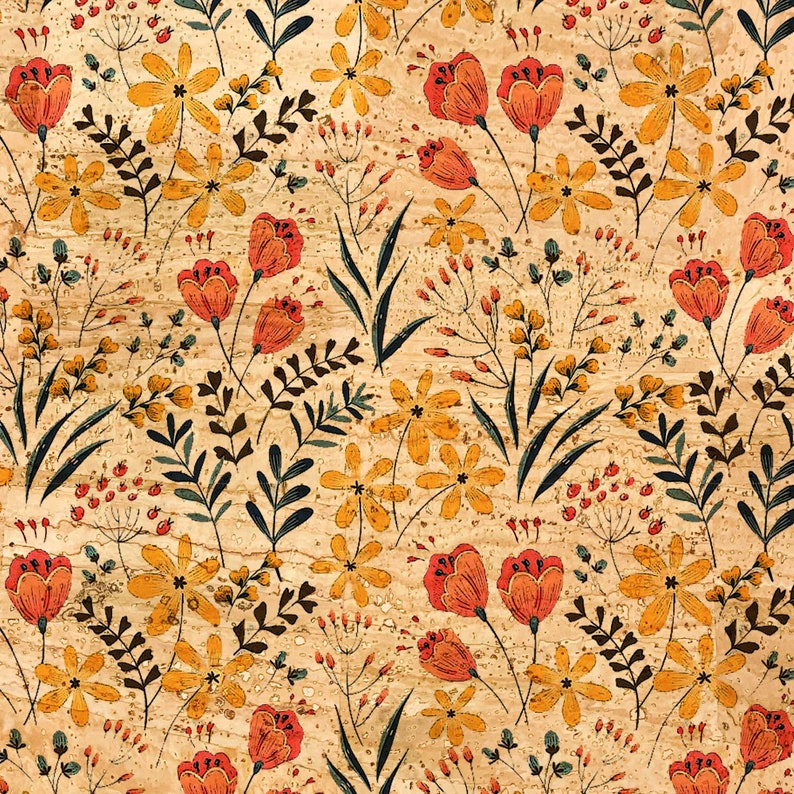 May include: A seamless pattern featuring a variety of flowers and leaves on a cork background. The flowers are in shades of yellow and orange, while the leaves are in shades of green and brown.