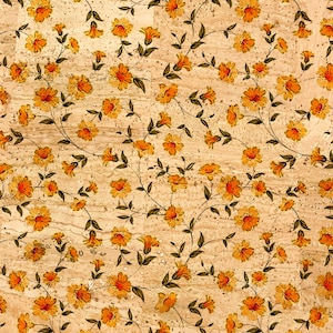 May include: A repeating pattern of orange flowers and green leaves on a beige background. The floral design features detailed petals and stems, creating a vintage or botanical aesthetic. The pattern is suitable for fabric or wallpaper.
