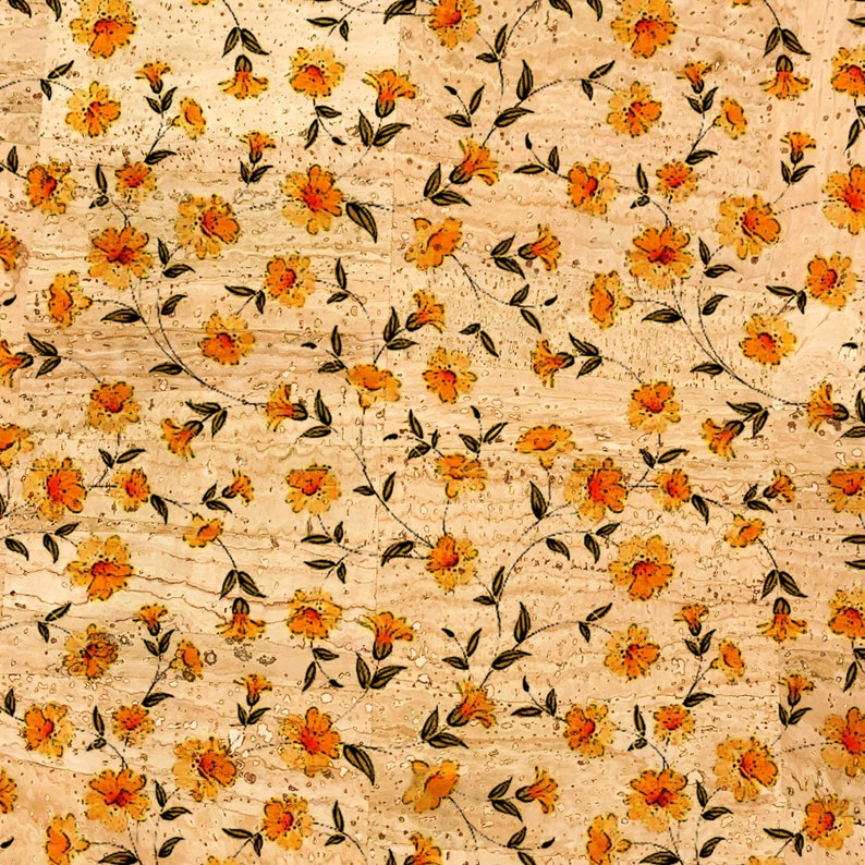 May include: A repeating pattern of orange flowers and green leaves on a beige background. The floral design features detailed petals and stems, creating a vintage or botanical aesthetic. The pattern is suitable for fabric or wallpaper.