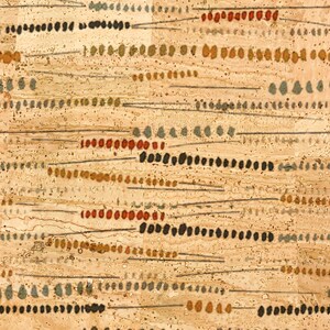 May include: Abstract pattern with rows of small, colorful dots on a beige background. The dots are in shades of red, orange, yellow, brown, and blue. The background has a textured look, similar to cork.