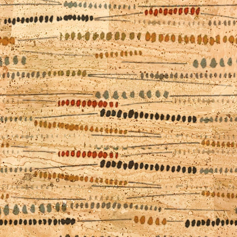 May include: Abstract pattern with rows of small, colorful dots on a beige background. The dots are in shades of red, orange, yellow, brown, and blue. The background has a textured look, similar to cork.
