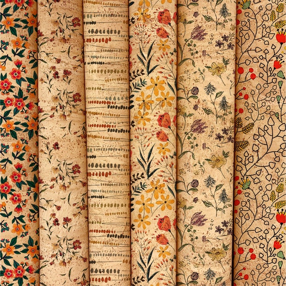 Floral Patterned Cork Fabric, Sustainable Material (50cm x 32cm)