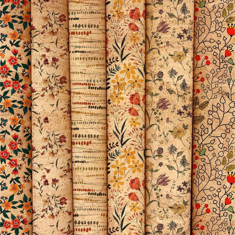 May include: Five different patterned cork fabric samples with floral and geometric designs in shades of red, yellow, green, and brown.