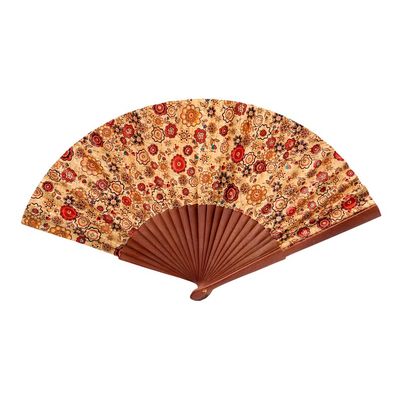 May include: A brown folding fan with a beige and red floral pattern.