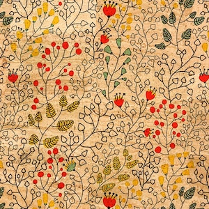 May include: A seamless pattern featuring a whimsical floral design on a cork background. The pattern includes red flowers, yellow flowers, green leaves, and red berries.
