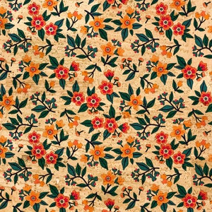 May include: A seamless pattern featuring orange and red flowers with green leaves on a cork background.