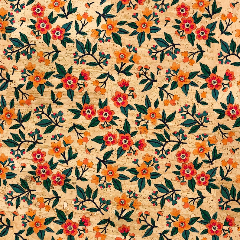 May include: A seamless pattern featuring orange and red flowers with green leaves on a cork background.