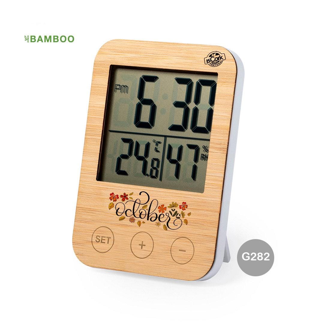 Personalized Bamboo Weather Station Clock, Hygrometer Thermometer