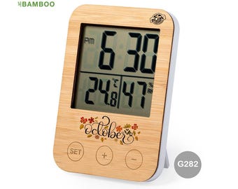 Reloj meteorológico de bambú personalizado, higrómetro y termómetro.