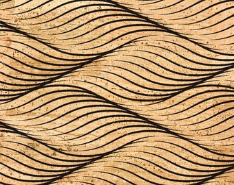 Cork fabric with waves and lines print , Portuguese cork fabric , Eco-friendly cork leather, crafts and sewing