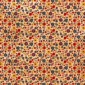 May include: A floral pattern featuring a variety of colorful flowers, including red poppies, yellow daisies, blue forget-me-nots, and purple blooms, set against a light beige background. The design has a vintage, slightly distressed look.