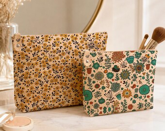 Floral Cork Cosmetic Bag, Wash Bag, Toiletry Travel Pouch, Makeup Organizer, Two Sizes