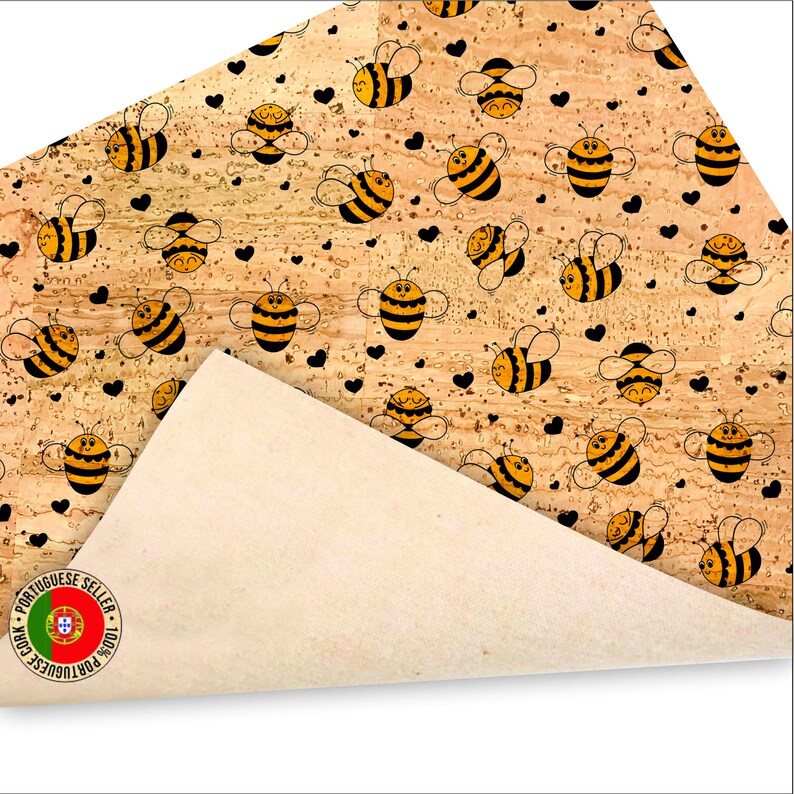 May include: Cork sheet with a repeating pattern of yellow and black cartoon bees with hearts. The cork sheet is folded over a plain brown sheet of paper. The text "100% PORTUGUESE SELLER" is printed in a circle around a Portuguese flag.