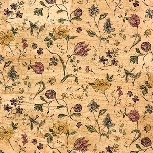 May include: A seamless pattern featuring a variety of floral designs on a cork background. The flowers are in shades of pink, yellow, and green, and the pattern is repeated throughout the image.