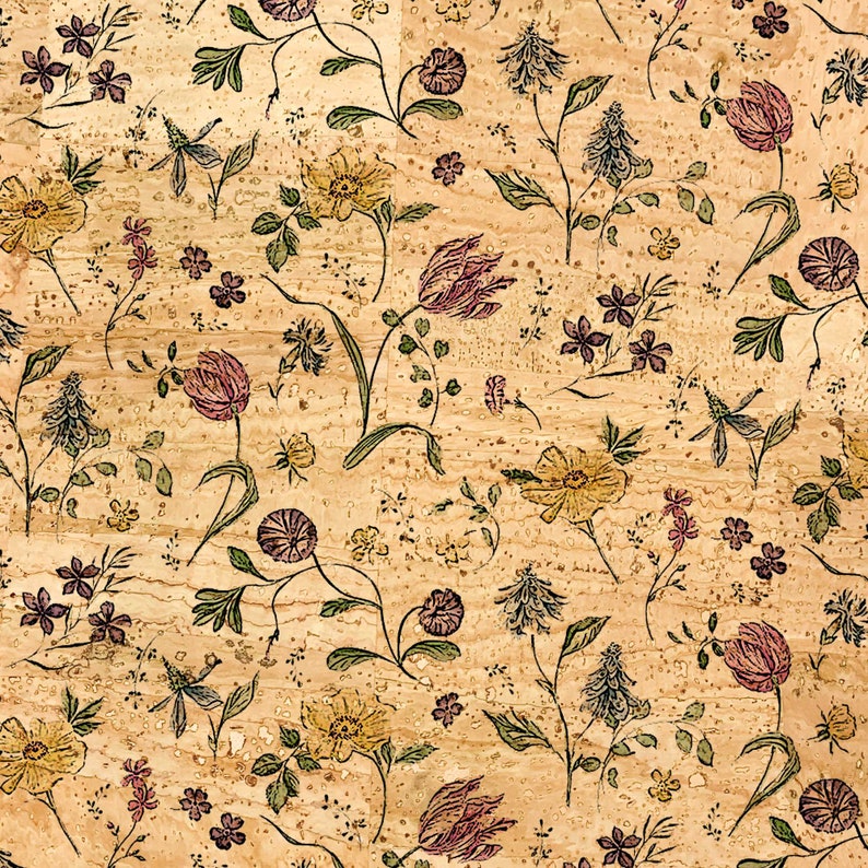 May include: A seamless pattern featuring a variety of floral designs on a cork background. The flowers are in shades of pink, yellow, and green, and the pattern is repeated throughout the image.