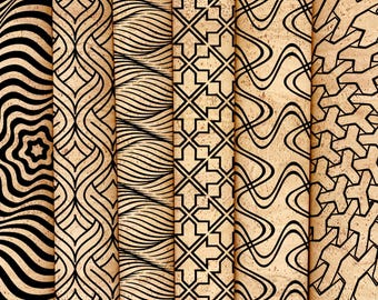 Tejido de corcho negro estampado, piel de corcho estampada, material sostenible.