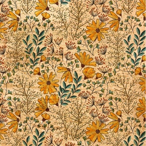 Bio Stoff mit gelben Gänseblümchen, Korkstoff mit gelben Blumen, Korktextillaken, Korkstoff echt