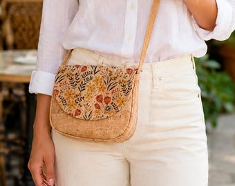 Floral Cork Shoulder Bag, Handmade Vegan Bag