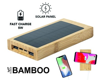 Batterie externe personnalisée, Batterie externe en bambou, Chargeur portable en bois personnalisé, Chargeur de téléphone sans fil, Chargeur de téléphone avec panneau solaire