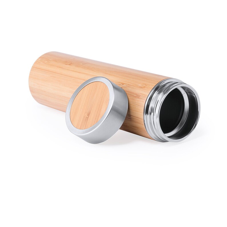 May include: A bamboo and stainless steel water bottle with a bamboo lid. The bottle is brown and the lid is silver.