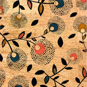 Pode incluir: Padrão floral abstrato com videiras e folhas pretas em um fundo de cortiça. O padrão apresenta círculos com pontos pretos e centros coloridos, incluindo vermelho, azul e amarelo.