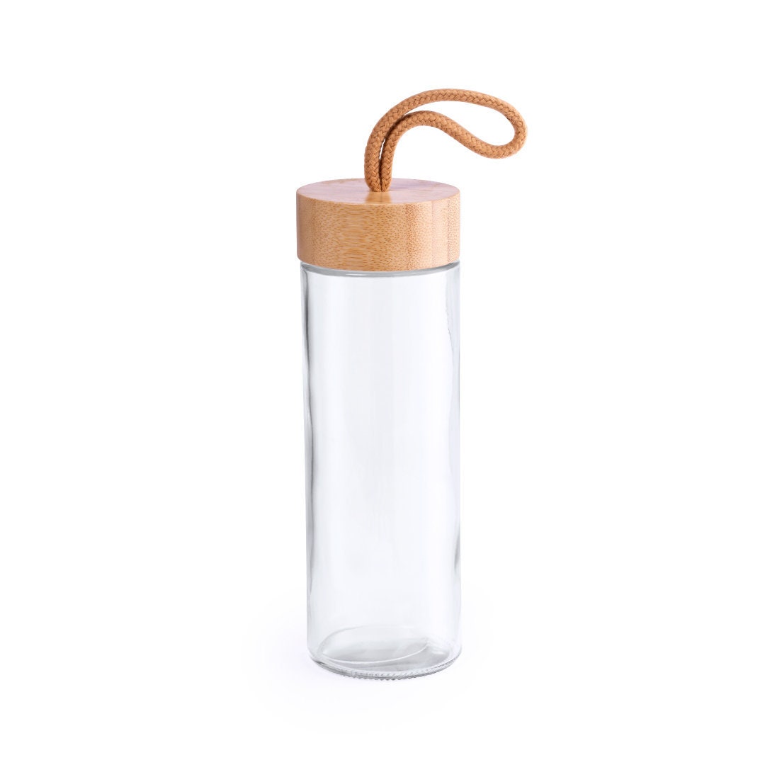Botella de cristal con tapa de bambú, disponible para personalizar.