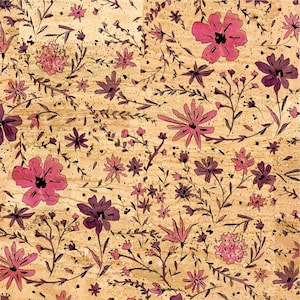 Cork fabric with wild flower print / Natural cork fabric / Eco-friendly cork leather for crafts and sewing / Vegan cork leather