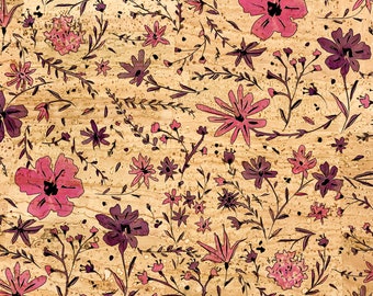Tela de corcho con estampado de flores silvestres, cuero vegano natural (50 x 32 cm)