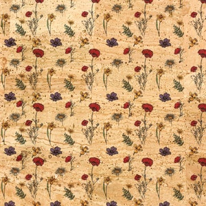 May include: A repeating pattern of various flowers in red, yellow, purple, and white on a light brown, textured background. The flowers include poppies, daffodils, and daisies, creating a natural, botanical theme.