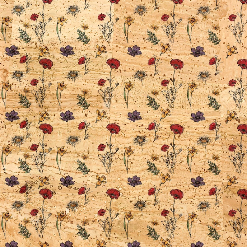 May include: A repeating pattern of various flowers in red, yellow, purple, and white on a light brown, textured background. The flowers include poppies, daffodils, and daisies, creating a natural, botanical theme.
